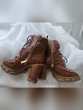 Michael Kors Ridley Crocodile Embossed Leather Lace-Up Boots